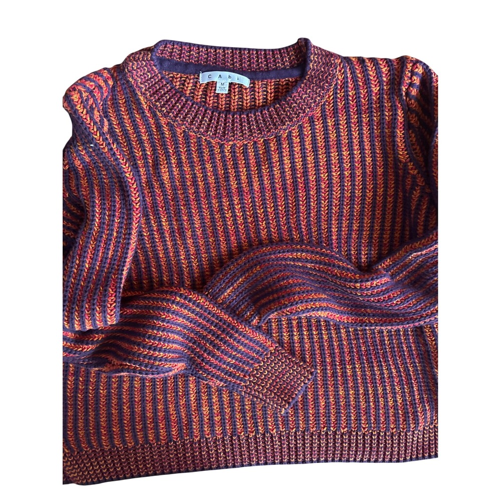 Cabi 891 Shaker Knit Sweater Womens Medium Orange Purple Stripe Cotton
